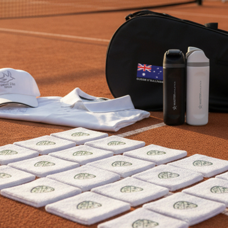 Embroidered Hat and Polo Shirt along with custom wristbands, water bottles and tennis bag for a Tennis Tournament